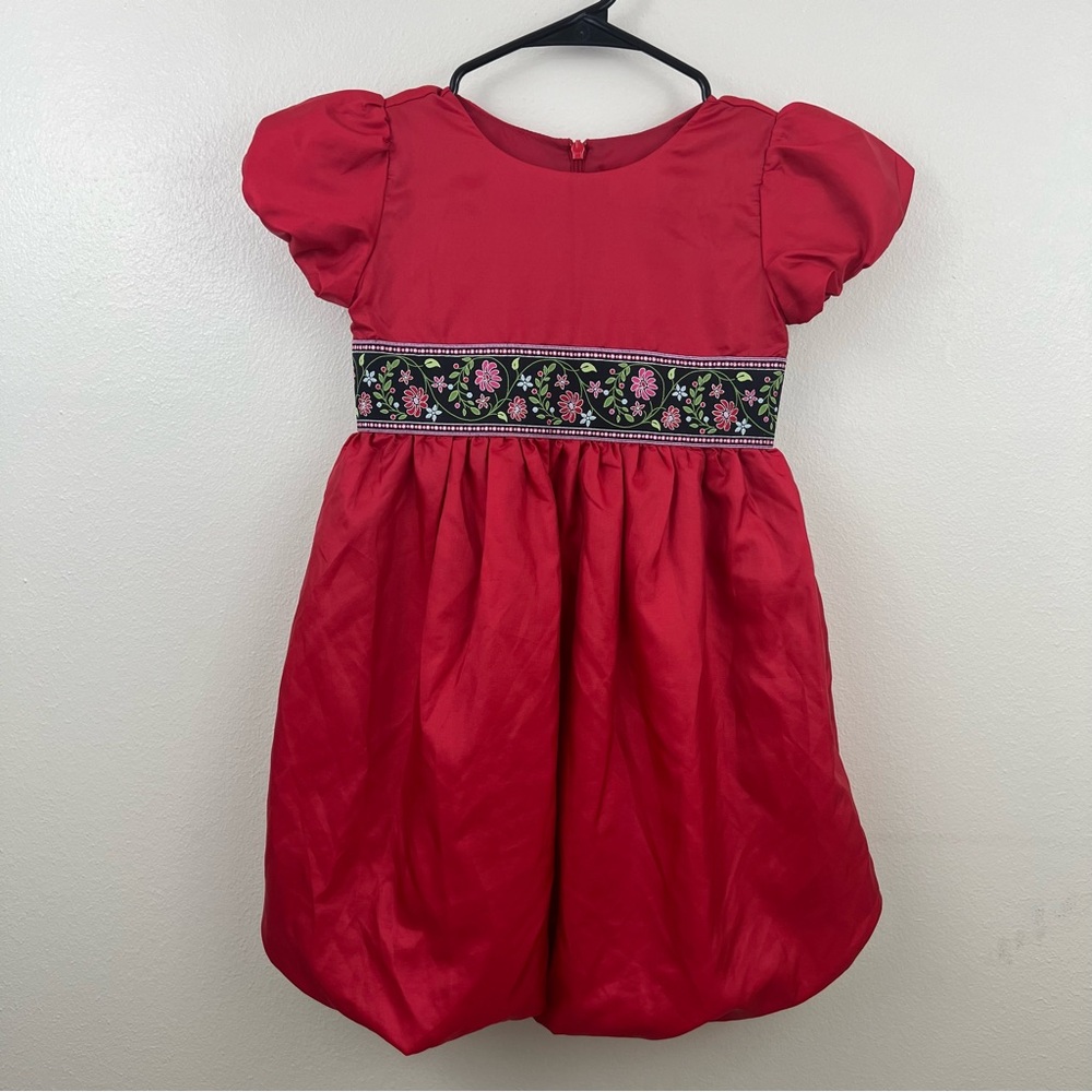 Hanna Andersson Red Puff Sleeve Bubble Hem Dress Floral Waistband Size 110/5